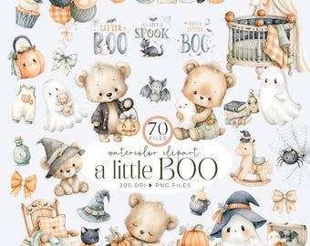 Cute Halloween Clipart, Teddy Bear Halloween, Pumpkin & Ghost PNG, Watercolor Baby Shower Clipart, Kids Halloween PNG Bundle, Commercial Use