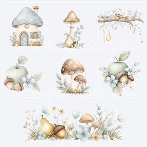 May include: A collection of watercolor illustrations featuring a blue mushroom house, various brown mushrooms, green apples, yellow pears, acorns, and light blue flowers arranged on branches and in small clusters with soft foliage and stems.