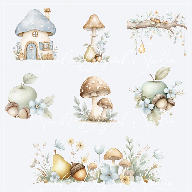 May include: A collection of watercolor illustrations featuring a blue mushroom house, various brown mushrooms, green apples, yellow pears, acorns, and light blue flowers arranged on branches and in small clusters with soft foliage and stems.