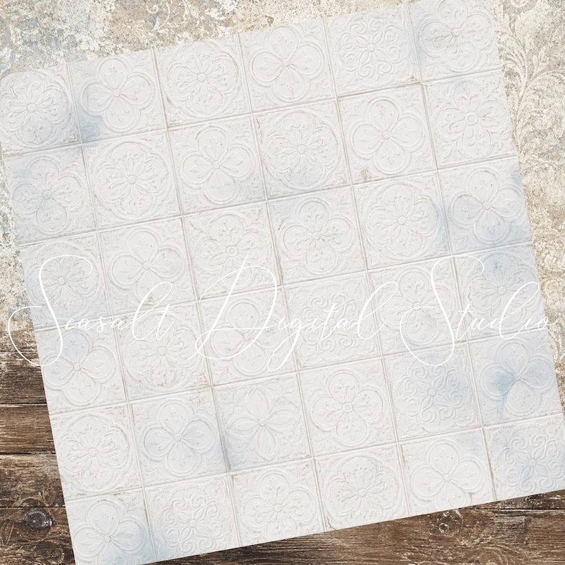 Puede incluir: Una cuadr&iacute;cula cuadrada de azulejos blancos con patrones florales y de cuatrifolio en relieve. La superficie tiene un acabado mate desgastado con sutiles variaciones de textura. El texto Seasalt Digital Studio se superpone a los azulejos.