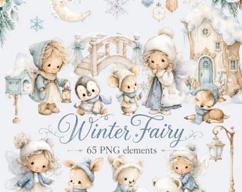 Winter Fairy Clipart PNG Bundle, Winter Woodland Animal Clipart, Snow Fairy PNG, Watercolor Winter Clipart, Enchanted Woodland, Fairy House