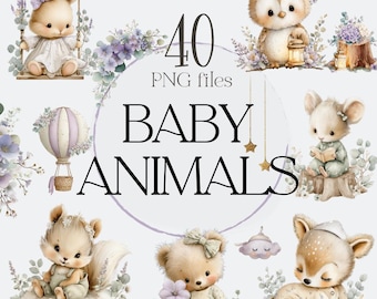 Woodland Animal Clipart, Neutral Baby Clipart, Forest Baby Theme, Boho Woodland Critters, Baby PNG BUNDLE, Woodland Nursery Clipart