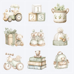 Watercolor baby nursery clipart featuring tractor, toy blocks, basket, gift box, baby boots, knitted hat, balance bike, backpack and decorative accessories in a soft sage green nursery palette.