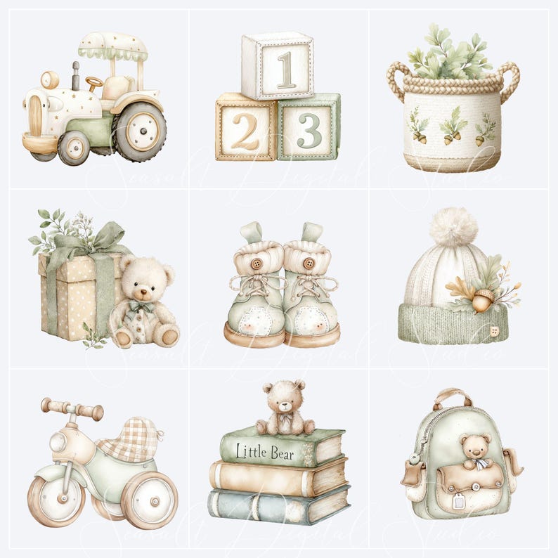 Watercolor baby nursery clipart featuring tractor, toy blocks, basket, gift box, baby boots, knitted hat, balance bike, backpack and decorative accessories in a soft sage green nursery palette.