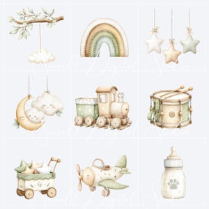 Green nursery clipart bundle with watercolor rainbow, hanging stars, clouds, toy train, airplane, drum, moon, bottle and baby decor elements in soft sage green and neutral colours for nursery projects.