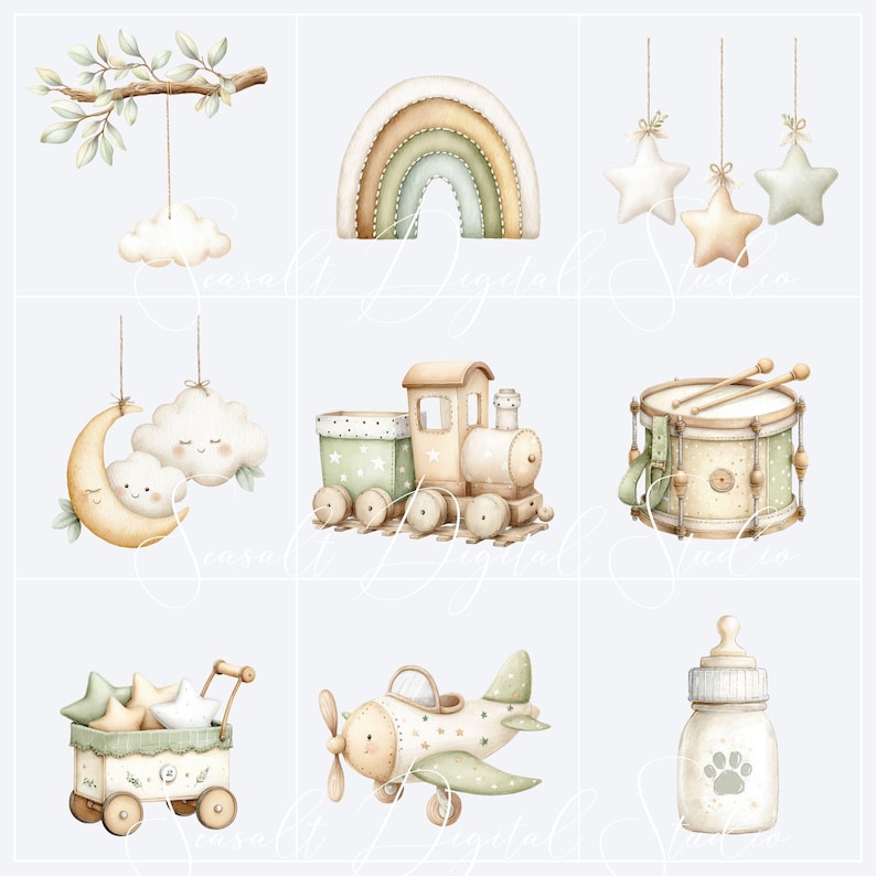 Green nursery clipart bundle with watercolor rainbow, hanging stars, clouds, toy train, airplane, drum, moon, bottle and baby decor elements in soft sage green and neutral colours for nursery projects.