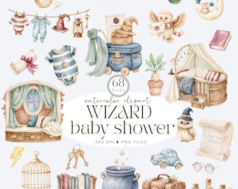 Wizard School Baby Shower Clipart Bundle, Magic School PNG, Watercolor Whimsical, Magical Nursery, Baby Clothesline and Wizard Decor