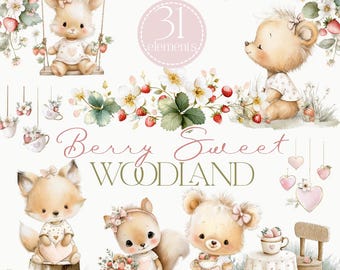Pode incluir: Um conjunto de ilustrações digitais com 31 elementos, incluindo um coelho num baloiço, um urso, uma raposa e um esquilo, decorados com morangos, flores brancas e motivos de coração. O texto diz Berry Sweet WOODLAND em rosa e dourado.