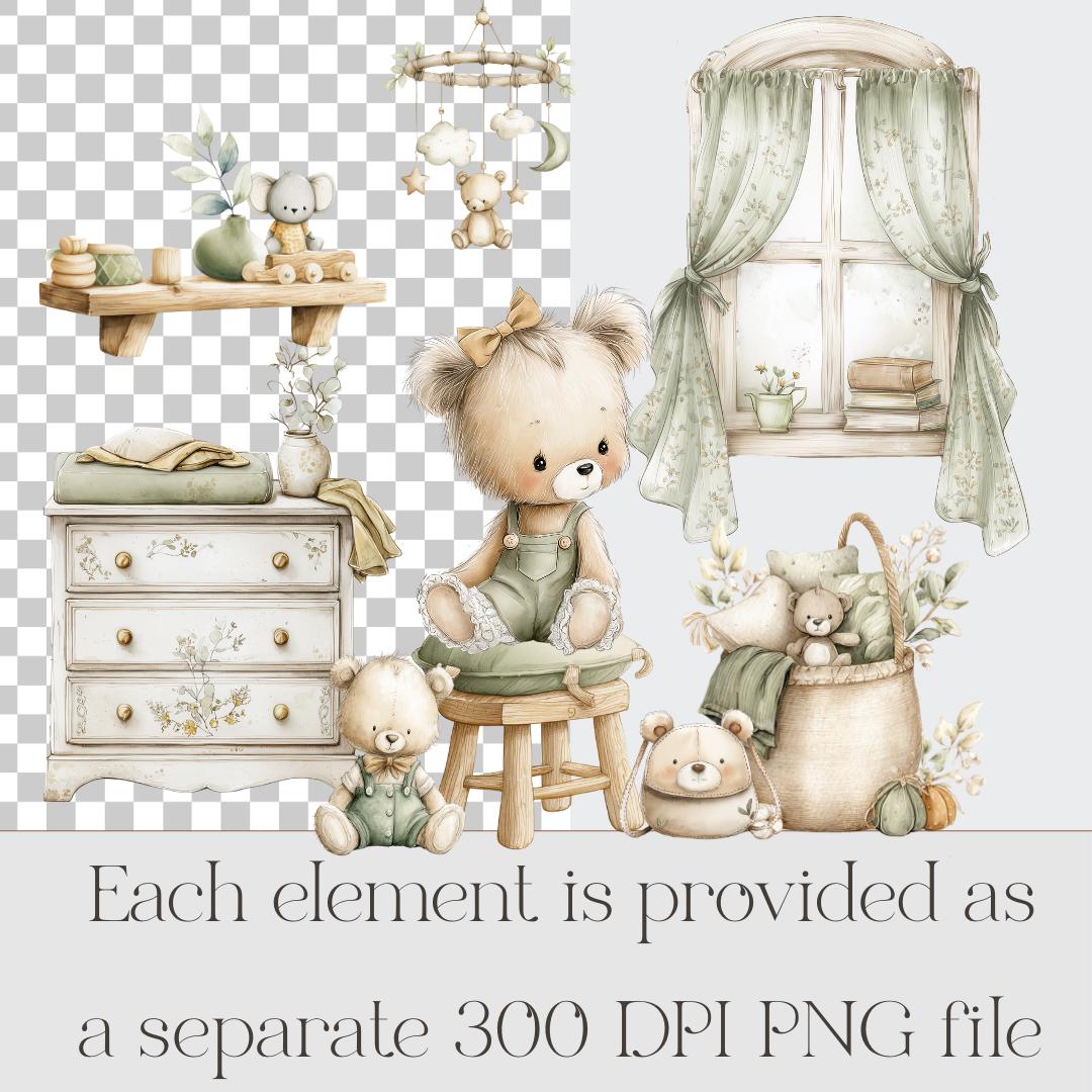 Sage Green Teddy Bear Clipart PNG, Watercolor Cute Baby Bear Nursery ...