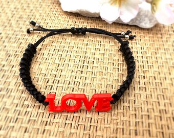 Handmade Black Macrame Bracelet: Red "LOVE" Charm, Adjustable Cord