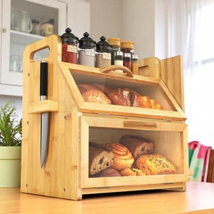 Food Storage, Bamboo Large Capacity Multi-Layer Snack & Bread Storage Rack, Wooden Kitchen Organizer, Bread Storage Box for Kitchen Counter