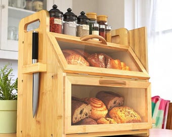 Large Bamboo Bread Box: Farmhouse Kitchen Counter Organizer