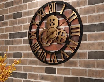 Wooden Clock, 3D Retro Industrial Wood Wall Clock, European Style Large Wall Clock for Living Room, Office, Home, Vintage Clock Decoration