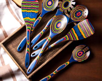 Pakkawood Cooking Utensils Set: 7-Piece Blue Wood Kitchen Spoons