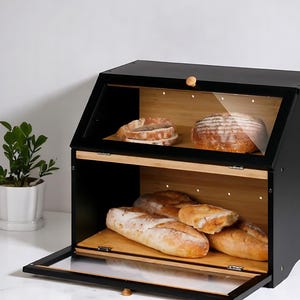 Double Layer Bread Box – Large Wooden Bread Storage Bin for Kitchen Counter, Rustic Farmhouse Bread Organizer with Clear Window