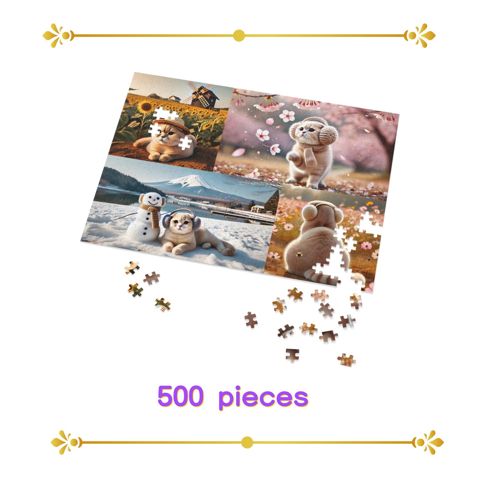 Japanese Four Seasons Jigsaw Puzzle – Cute Cat, Spring Summer Autumn ...