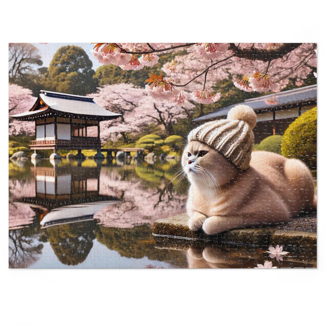 Japanese Garden Jigsaw Puzzle, Cherry Blossoms & Scottish Fold Cat ...