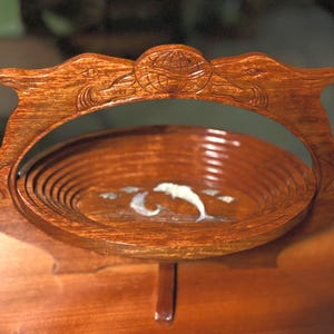 Vintage Collapsible Hand Carved Wooden Fruit Basket Dolphin Inlaid image 2