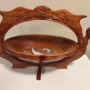 Vintage Collapsible Hand Carved Wooden Fruit Basket Dolphin Inlaid image 1