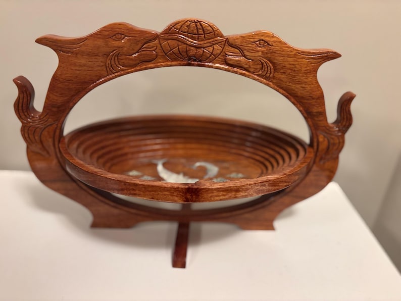 Vintage Collapsible Hand Carved Wooden Fruit Basket Dolphin Inlaid image 1