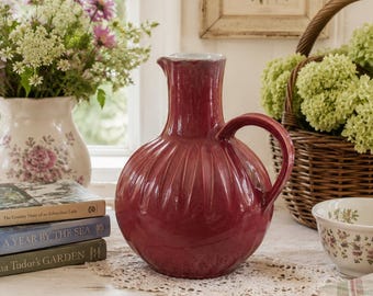 Vintage Artist Signed Ceramic Ball Pitcher Artists Signed Burgundy Fluting