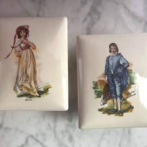 Vintage Signed Studio Pottery Trinket Box Pair, Featuring Blue Boy and Pinkie Lawrence