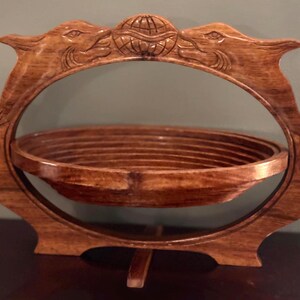 Vintage Collapsible Hand Carved Wooden Fruit Basket Dolphin Inlaid image 3