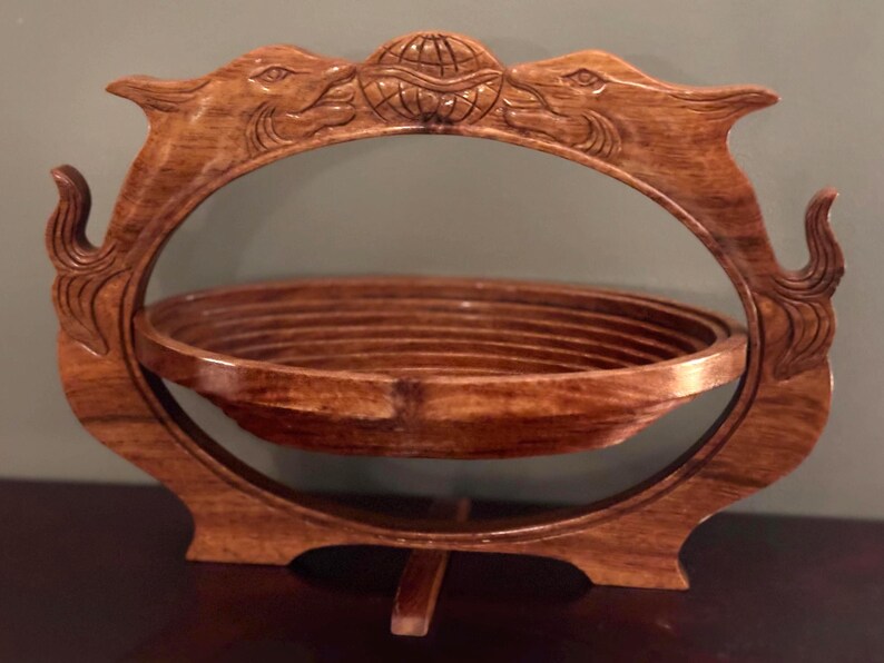 Vintage Collapsible Hand Carved Wooden Fruit Basket Dolphin Inlaid image 3