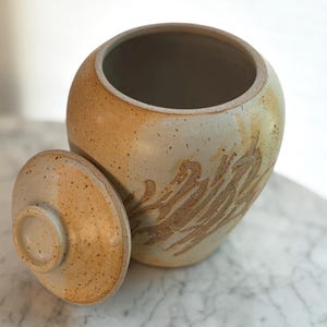 May include: A round ceramic jar with a matching lid, featuring a speckled beige and tan glaze. The exterior surface displays a textured, carved pattern in a light brown tone. The jar has a wide, open mouth and a smooth, rounded body shape.