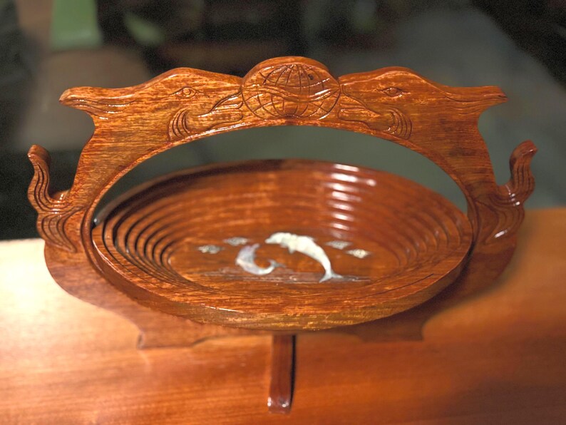 Vintage Collapsible Hand Carved Wooden Fruit Basket Dolphin Inlaid image 2