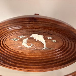 Vintage Collapsible Hand Carved Wooden Fruit Basket Dolphin Inlaid image 4