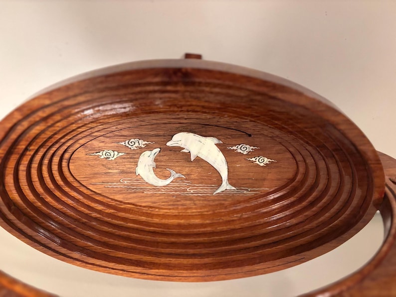 Vintage Collapsible Hand Carved Wooden Fruit Basket Dolphin Inlaid image 4