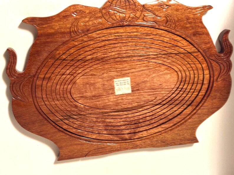 Vintage Collapsible Hand Carved Wooden Fruit Basket Dolphin Inlaid image 6