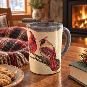 Peut inclure: Une tasse en céramique avec une base de couleur crème et un bord ainsi qu'une anse bleu-gris. La tasse présente une illustration peinte à la main de deux cardinaux rouges perchés sur une branche d'arbre brune. Finition lisse et brillante.