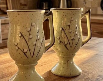 Vintage Laurentian Pottery Large Pedestal Mugs - Set of 2, Speckled Tundra Pattern