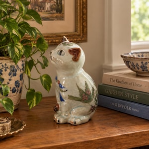 May include: A ceramic cat figurine with a light blue glaze, featuring hand-painted floral motifs, green birds, and a blue ribbon around its neck. The cat has brown ears and detailed facial features, sitting upright on a wooden surface.