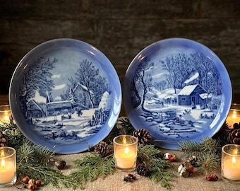 Vintage Currier & Ives Winter Scene Plates, Blue Transferware Display Set (20cm)
