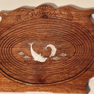 Vintage Collapsible Hand Carved Wooden Fruit Basket Dolphin Inlaid image 5