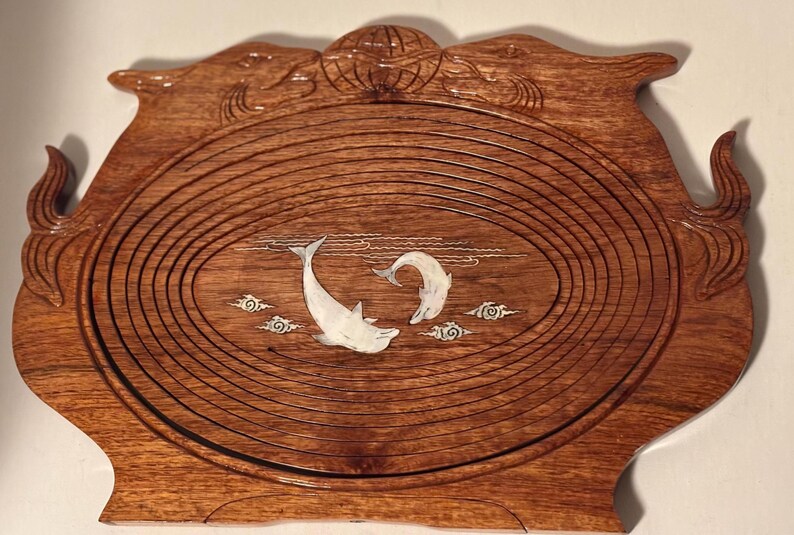Vintage Collapsible Hand Carved Wooden Fruit Basket Dolphin Inlaid image 5