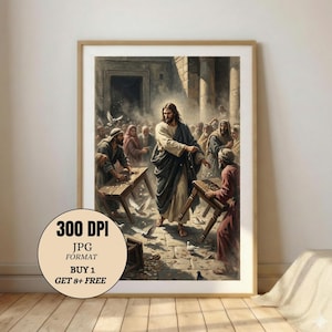 May include: A framed print depicting a biblical scene with Jesus in the center, surrounded by people. The artwork features a warm color palette with detailed figures and architectural elements. The print includes text that reads "300 DPI JPG FORMAT BUY 1 GET 8+ FREE".