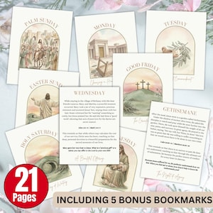 Puede incluir: Un conjunto de 21 tarjetas religiosas con ilustraciones de escenas bíblicas, como el Domingo de Ramos y el Viernes Santo, junto con texto. Incluye 5 marcapáginas de bonificación.