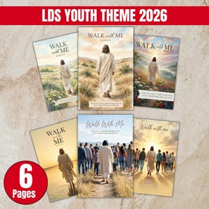 Könnte beinhalten: Eine Sammlung von sechs Seiten zum Thema "LDS YOUTH THEME 2026". Jede Seite zeigt die Worte "Walk With Me" und eine Illustration einer Person, die geht, mit verschiedenen Hintergrundszenen. Die Zahl "6" ist auf einem roten Kreis zu sehen.