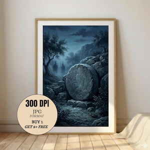 Puede incluir: Impresión enmarcada de un paisaje nocturno en tonos azules y grises, con una gran piedra y un camino con figuras. Se ven árboles y rocas. La impresión incluye texto: 300 DPI, JPG FORMAT, BUY 1 GET 8+ FREE.