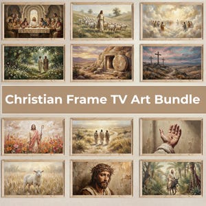 Könnte beinhalten: Eine Sammlung gerahmter christlicher Kunstdrucke. Die Bilder zeigen verschiedene biblische Szenen, darunter das letzte Abendmahl, Jesus mit Schafen und die Kreuzigung. Die Rahmen sind hellbraun, mit dem Text "Christian Frame TV Art Bundle".