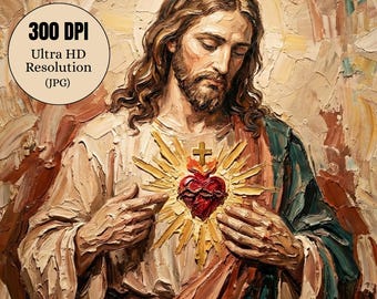Sacred Heart of Jesus Printable Art, Catholic Wall Decor, Jesus Christ Print, Christian Faith Painting, Religious Home Gift