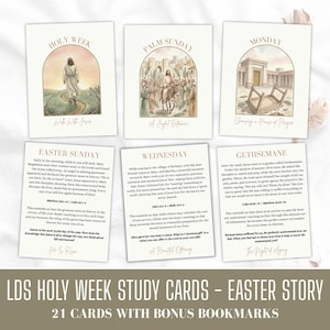 May include: Set of six LDS Holy Week study cards featuring watercolor illustrations and text. The cards cover events from Palm Sunday to Easter Sunday, with scripture references and inspirational quotes. Includes bonus bookmarks.