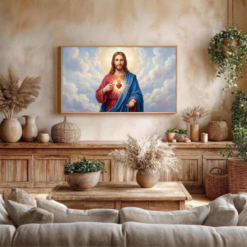 Vintage Jesus Painting TV Art, Sacred Heart Christian Digital Wallpaper ...