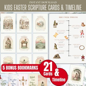Könnte beinhalten: Ein Set mit Oster-Schriftkarten und einem Zeitstrahl. Die Karten zeigen Aquarellillustrationen von biblischen Szenen, darunter Palmsonntag, Karfreitag und Ostersonntag. Das Set enthält 21 Karten, 5 Lesezeichen und einen Zeitstrahl.