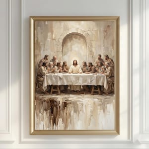 Puede incluir: Pintura enmarcada que representa la Última Cena. La obra de arte muestra a Jesús y sus discípulos sentados alrededor de una larga mesa cubierta con un mantel blanco. La pintura está en tonos cálidos y terrosos con un marco dorado.