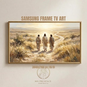 Jesús con Dos Discípulos Arte para Samsung Frame TV, Decoración Digital de Emaús, Fondo de Pantalla Cristiano, Paisaje Religioso 4K